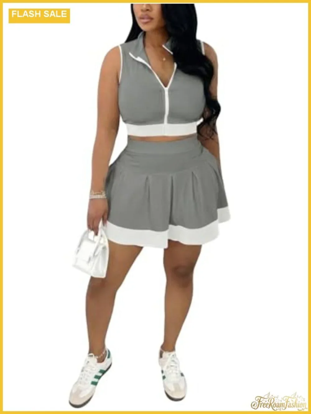 Women's 2 Piece Skirt Set Sleeveless Zip Crop Top Pleated Tennis Skirt